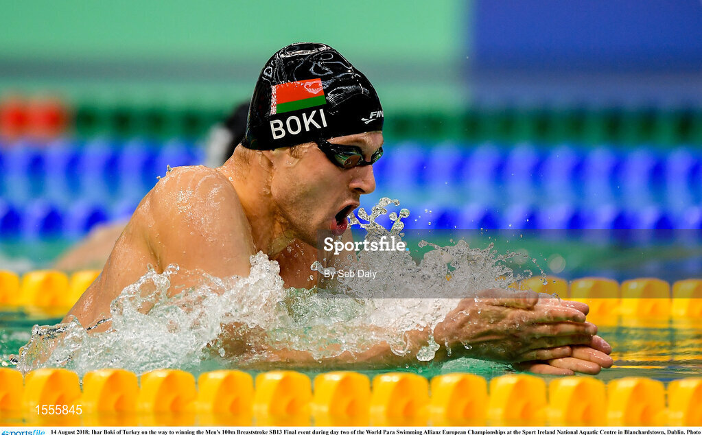 14 August 2018; Ihar Boki of Belarus on the way to winning the Men's 100m Breaststroke SB13 Final event during day two of the World Para Swimming Allianz European Championships at the Sport Ireland National Aquatic Centre in Blanchardstown, Dublin. Photo by Seb Daly/Sportsfile