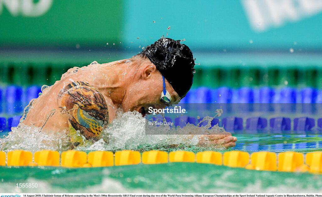 14 August 2018; Uladzimir Izotau of Belarus competing in the Men's 100m Breaststroke SB13 Final event during day two of the World Para Swimming Allianz European Championships at the Sport Ireland National Aquatic Centre in Blanchardstown, Dublin. Photo by Seb Daly/Sportsfile