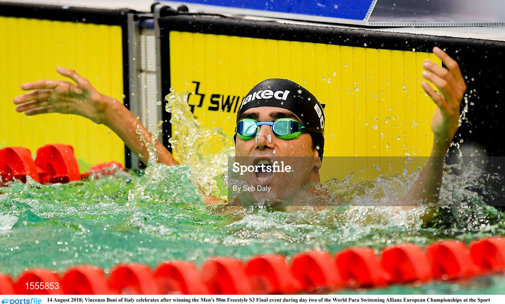 14 August 2018; Vincenzo Boni of Italy celebrates after winning the Men's 50m Freestyle S3 Final event during day two of the World Para Swimming Allianz European Championships at the Sport Ireland National Aquatic Centre in Blanchardstown, Dublin. Photo by Seb Daly/Sportsfile