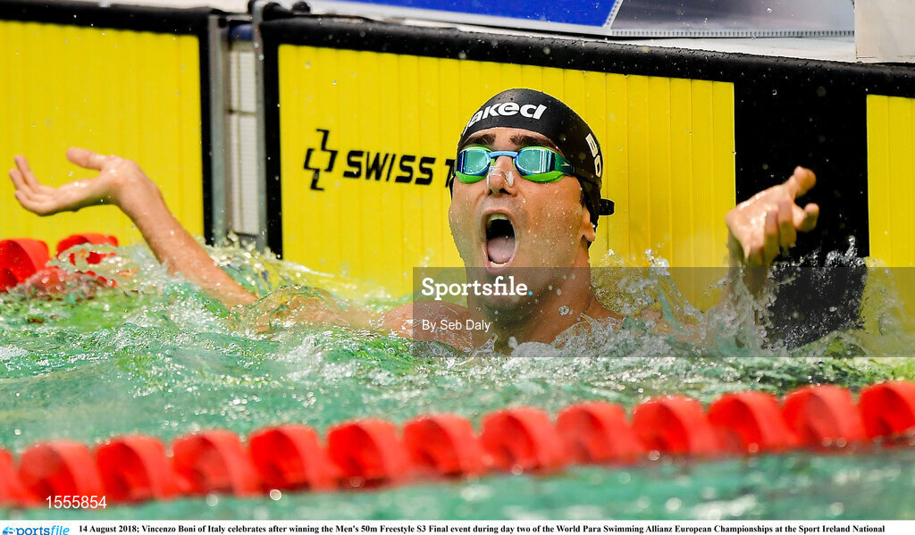 14 August 2018; Vincenzo Boni of Italy celebrates after winning the Men's 50m Freestyle S3 Final event during day two of the World Para Swimming Allianz European Championships at the Sport Ireland National Aquatic Centre in Blanchardstown, Dublin. Photo by Seb Daly/Sportsfile