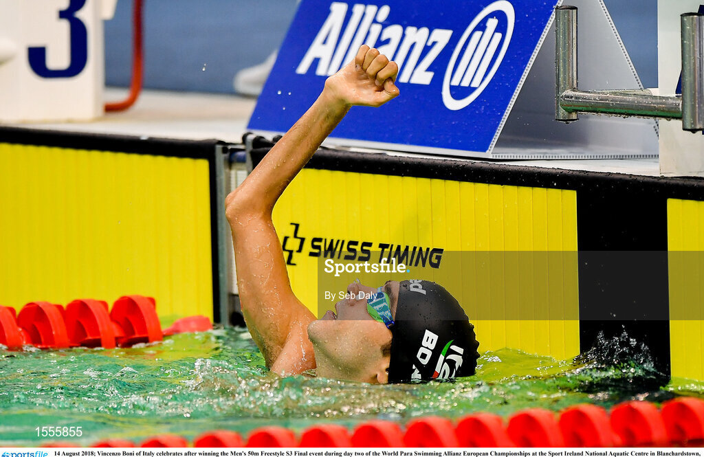 14 August 2018; Vincenzo Boni of Italy celebrates after winning the Men's 50m Freestyle S3 Final event during day two of the World Para Swimming Allianz European Championships at the Sport Ireland National Aquatic Centre in Blanchardstown, Dublin. Photo by Seb Daly/Sportsfile