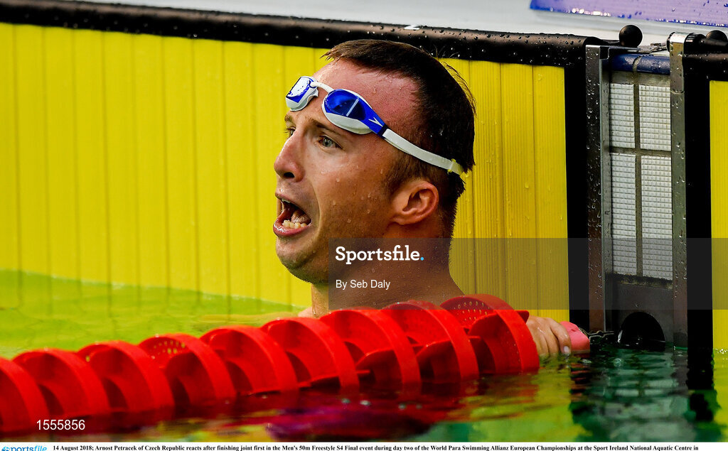 14 August 2018; Arnost Petracek of Czech Republic reacts after finishing joint first in the Men's 50m Freestyle S4 Final event during day two of the World Para Swimming Allianz European Championships at the Sport Ireland National Aquatic Centre in Blanchardstown, Dublin. Photo by Seb Daly/Sportsfile