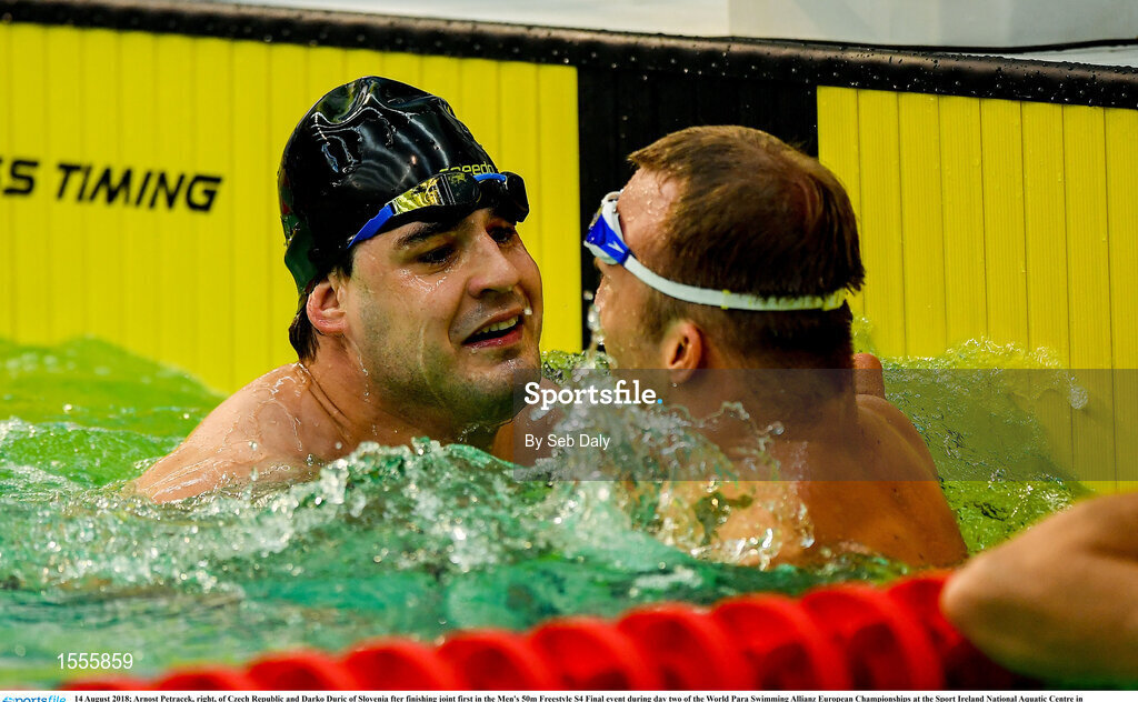 14 August 2018; Arnost Petracek, right, of Czech Republic and Darko Duric of Slovenia after finishing joint first in the Men's 50m Freestyle S4 Final event during day two of the World Para Swimming Allianz European Championships at the Sport Ireland National Aquatic Centre in Blanchardstown, Dublin. Photo by Seb Daly/Sportsfile