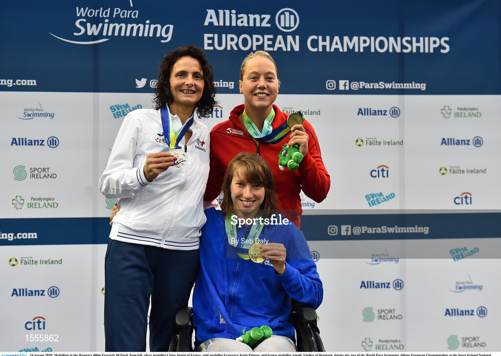 14 August 2018; Medallists in the Women's 400m Freestyle S8 Final, from left, silver medallist Claire Supiot of France, gold medallist Francesca Xenia Palazzo of Italy, and bronze medallist Amalie Vinther of Denmark, during day two of the World Para Swimming Allianz European Championships at the Sport Ireland National Aquatic Centre in Blanchardstown, Dublin.  Photo by Seb Daly/Sportsfile