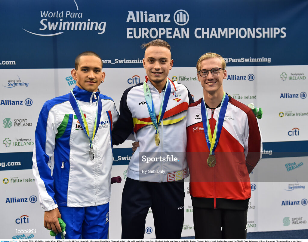 14 August 2018; Medallists in the Men's 400m Freestyle S8 Final, from left, silver medallist Gioele Ciampricotti of Italy, gold medallist Inigo Sanz Llopis of Spain, and bronze medallist Joshua Grob of Switzerland, during day two of the World Para Swimming Allianz European Championships at the Sport Ireland National Aquatic Centre in Blanchardstown, Dublin.  Photo by Seb Daly/Sportsfile
