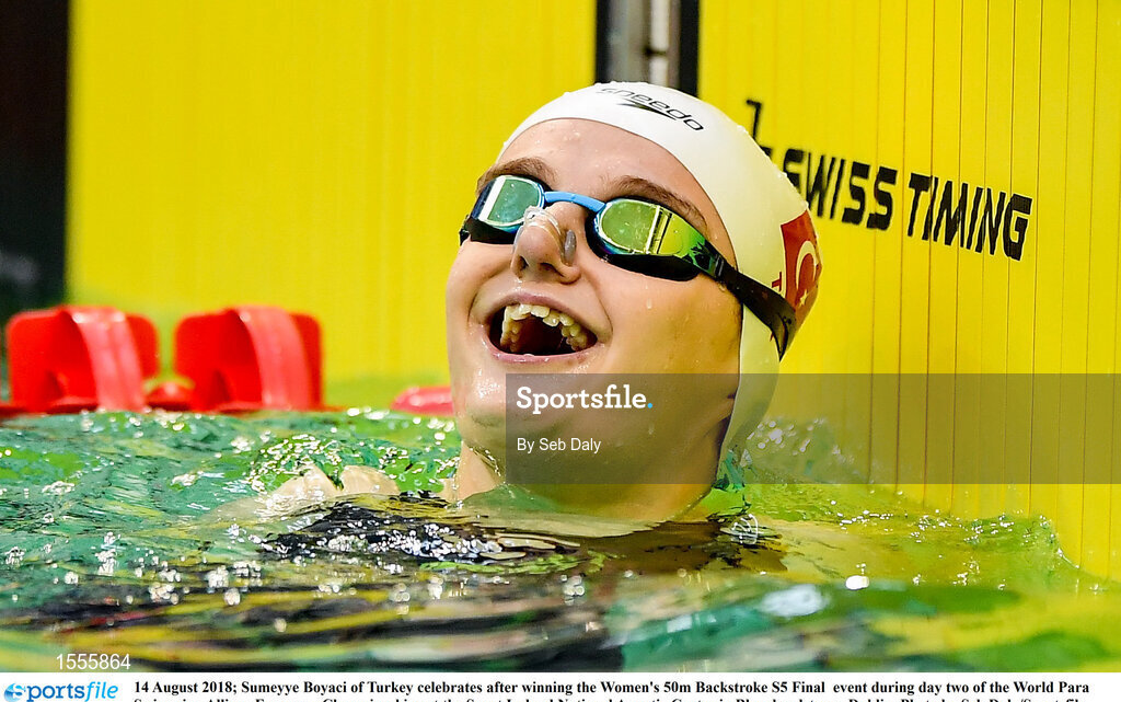 14 August 2018; Sumeyye Boyaci of Turkey celebrates after winning the Women's 50m Backstroke S5 Final  event during day two of the World Para Swimming Allianz European Championships at the Sport Ireland National Aquatic Centre in Blanchardstown, Dublin. Photo by Seb Daly/Sportsfile
