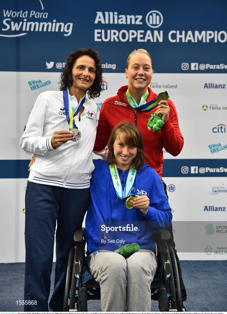 14 August 2018; Medallists in the Women's 400m Freestyle S8 Final, from left, silver medallist Claire Supiot of France, gold medallist Francesca Xenia Palazzo of Italy, and bronze medallist Amalie Vinther of Denmark, during day two of the World Para Swimming Allianz European Championships at the Sport Ireland National Aquatic Centre in Blanchardstown, Dublin.  Photo by Seb Daly/Sportsfile