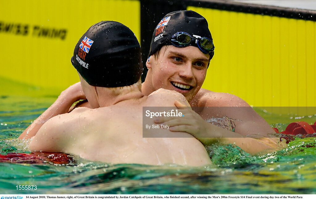 14 August 2018; Thomas Hamer, right, of Great Britain is congratulated by Jordan Catchpole of Great Britain, who finished second, after winning the Men's 200m Freestyle S14 Final event during day two of the World Para Swimming Allianz European Championships at the Sport Ireland National Aquatic Centre in Blanchardstown, Dublin. Photo by Seb Daly/Sportsfile