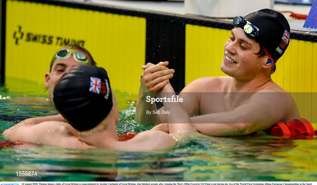 14 August 2018; Thomas Hamer, right, of Great Britain is congratulated by Jordan Catchpole of Great Britain, who finished second, after winning the Men's 200m Freestyle S14 Final event during day two of the World Para Swimming Allianz European Championships at the Sport Ireland National Aquatic Centre in Blanchardstown, Dublin. Photo by Seb Daly/Sportsfile