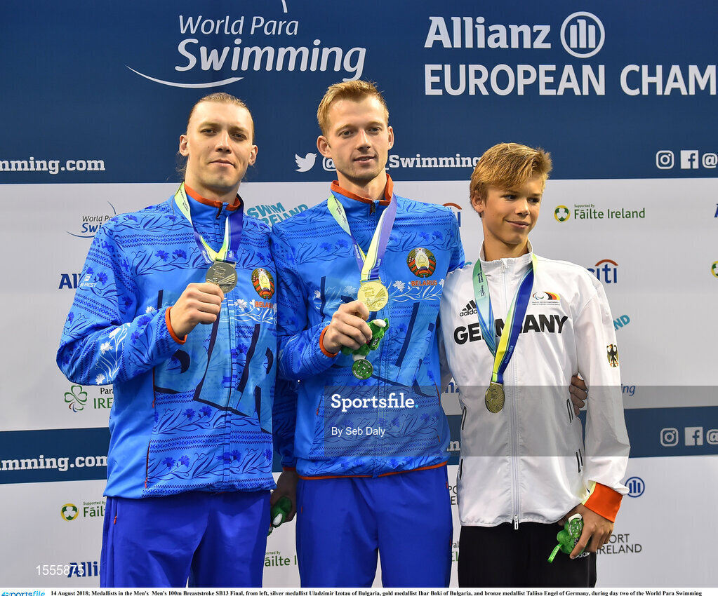 14 August 2018; Medallists in the Men's  Men's 100m Breaststroke SB13 Final, from left, silver medallist Uladzimir Izotau of Bulgaria, gold medallist Ihar Boki of Bulgaria, and bronze medallist Taliiso Engel of Germany, during day two of the World Para Swimming Allianz European Championships at the Sport Ireland National Aquatic Centre in Blanchardstown, Dublin.  Photo by Seb Daly/Sportsfile
