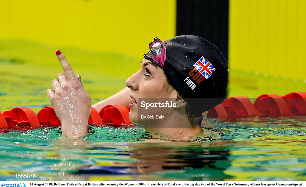 14 August 2018; Bethany Firth of Great Britian after winning the Women's 200m Freestyle S14 Final event during day two of the World Para Swimming Allianz European Championships at the Sport Ireland National Aquatic Centre in Blanchardstown, Dublin. Photo by Seb Daly/Sportsfile