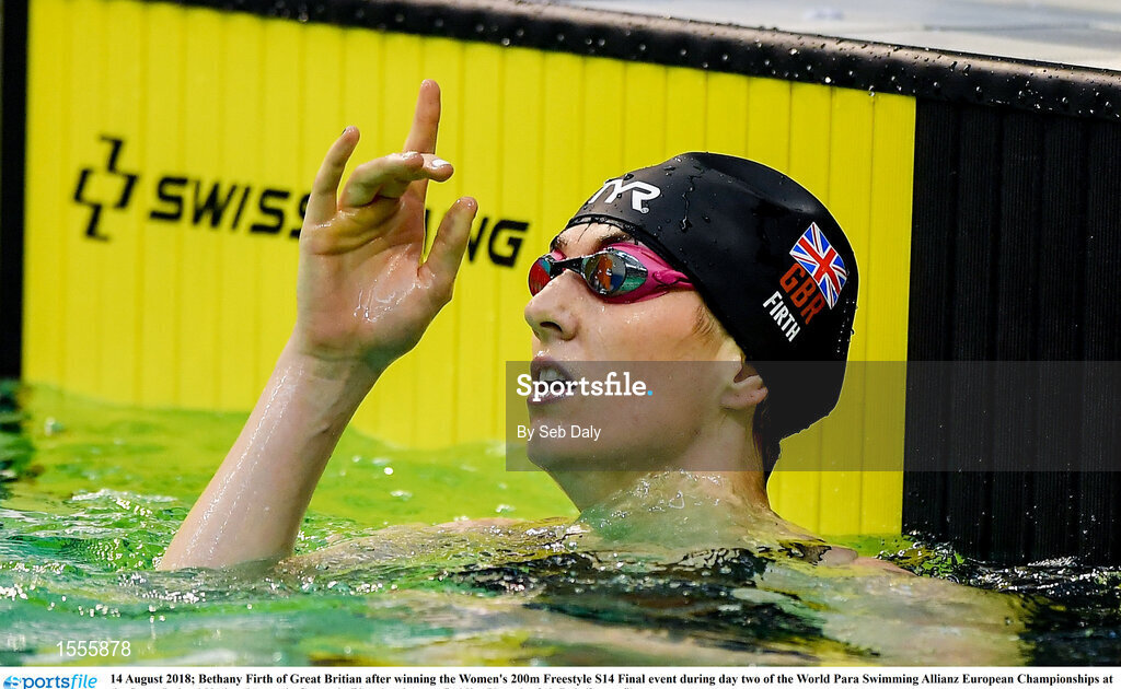 14 August 2018; Bethany Firth of Great Britian after winning the Women's 200m Freestyle S14 Final event during day two of the World Para Swimming Allianz European Championships at the Sport Ireland National Aquatic Centre in Blanchardstown, Dublin. Photo by Seb Daly/Sportsfile