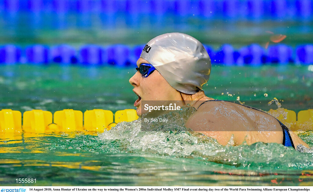 14 August 2018; Anna Hontar of Ukraine on the way to winning the Women's 200m Individual Medley SM7 Final event during day two of the World Para Swimming Allianz European Championships at the Sport Ireland National Aquatic Centre in Blanchardstown, Dublin. Photo by Seb Daly/Sportsfile