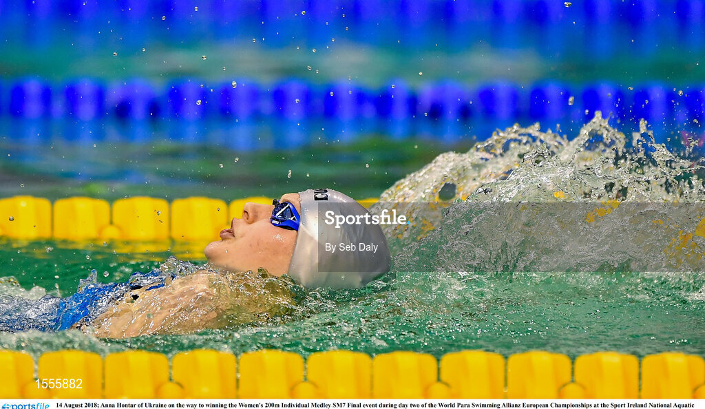14 August 2018; Anna Hontar of Ukraine on the way to winning the Women's 200m Individual Medley SM7 Final event during day two of the World Para Swimming Allianz European Championships at the Sport Ireland National Aquatic Centre in Blanchardstown, Dublin. Photo by Seb Daly/Sportsfile