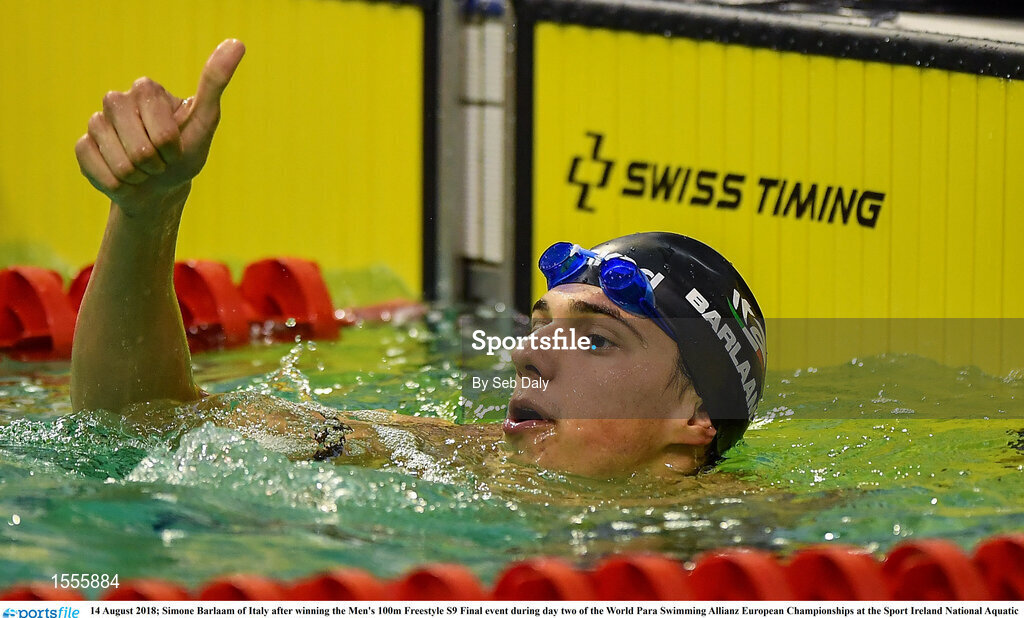 14 August 2018; Simone Barlaam of Italy after winning the Men's 100m Freestyle S9 Final event during day two of the World Para Swimming Allianz European Championships at the Sport Ireland National Aquatic Centre in Blanchardstown, Dublin. Photo by Seb Daly/Sportsfile