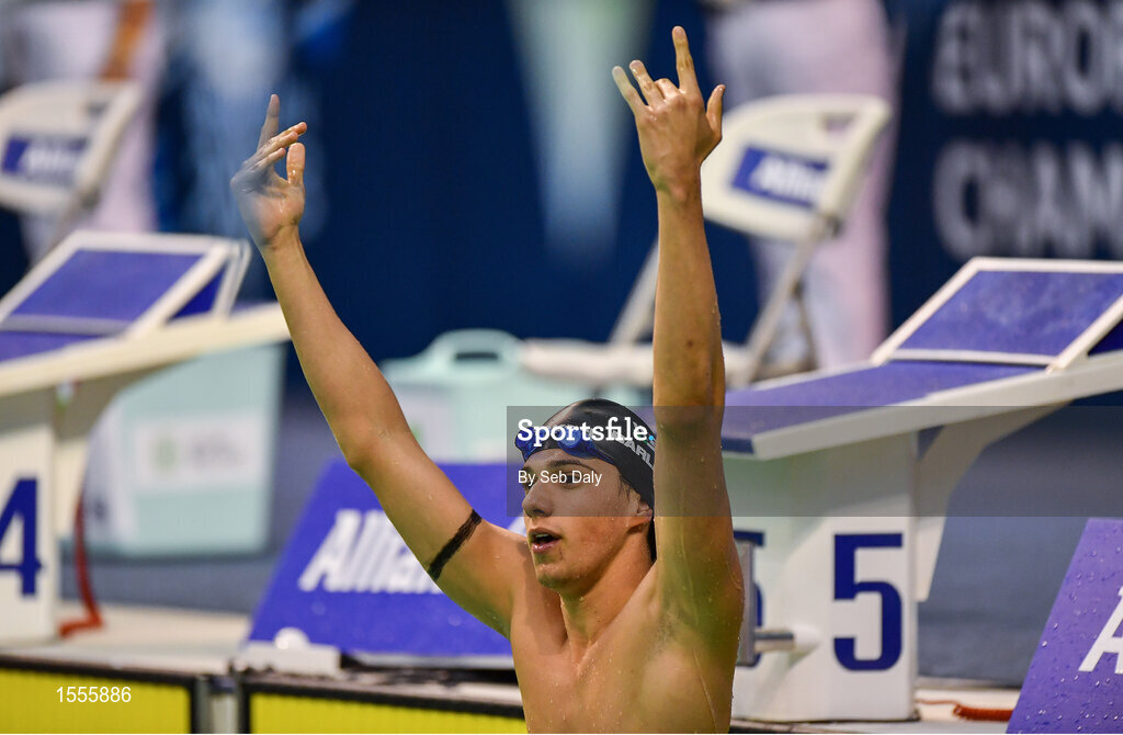 14 August 2018; Simone Barlaam of Italy after winning the Men's 100m Freestyle S9 Final event during day two of the World Para Swimming Allianz European Championships at the Sport Ireland National Aquatic Centre in Blanchardstown, Dublin. Photo by Seb Daly/Sportsfile