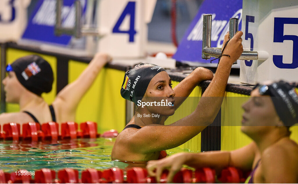 14 August 2018; Sarai Gascon of Spain after winning the Women's 100m Freestyle S9 Final event during day two of the World Para Swimming Allianz European Championships at the Sport Ireland National Aquatic Centre in Blanchardstown, Dublin. Photo by Seb Daly/Sportsfile