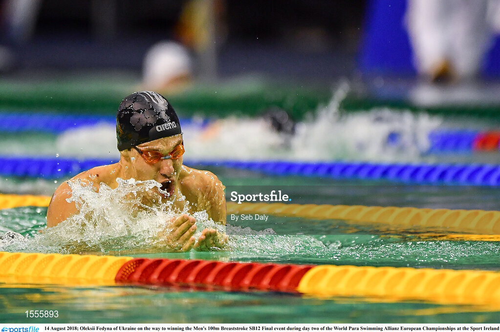 14 August 2018; Oleksii Fedyna of Ukraine on the way to winning the Men's 100m Breaststroke SB12 Final event during day two of the World Para Swimming Allianz European Championships at the Sport Ireland National Aquatic Centre in Blanchardstown, Dublin. Photo by Seb Daly/Sportsfile