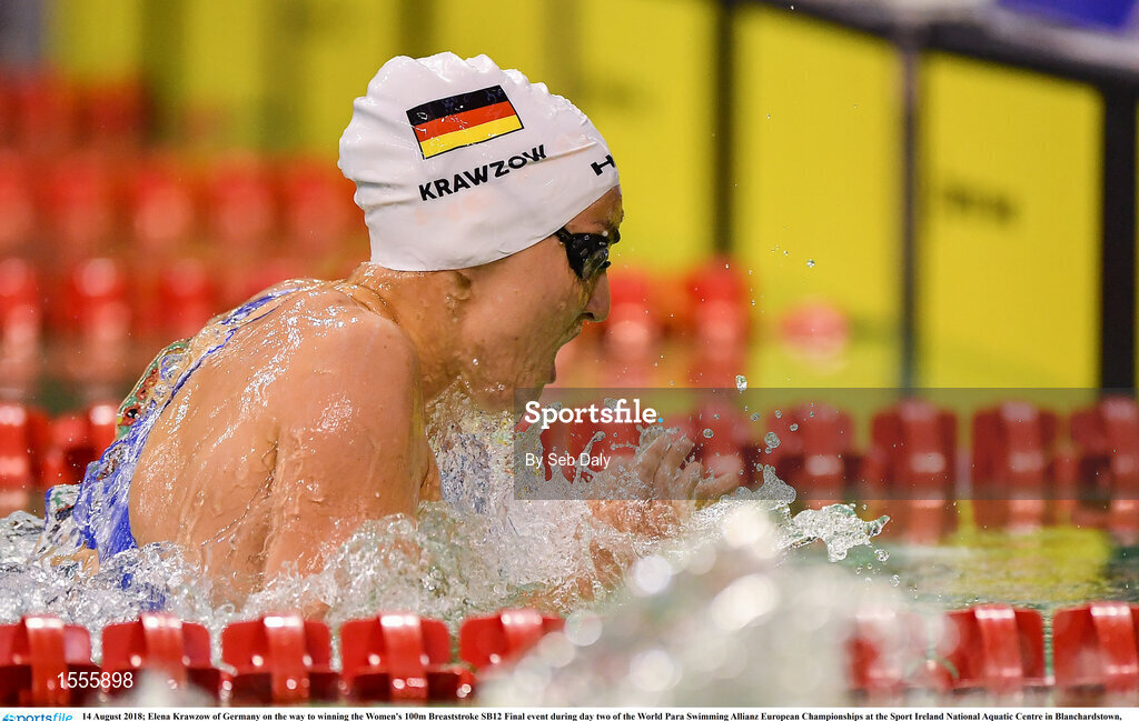 14 August 2018; Elena Krawzow of Germany on the way to winning the Women's 100m Breaststroke SB12 Final event during day two of the World Para Swimming Allianz European Championships at the Sport Ireland National Aquatic Centre in Blanchardstown, Dublin. Photo by Seb Daly/Sportsfile