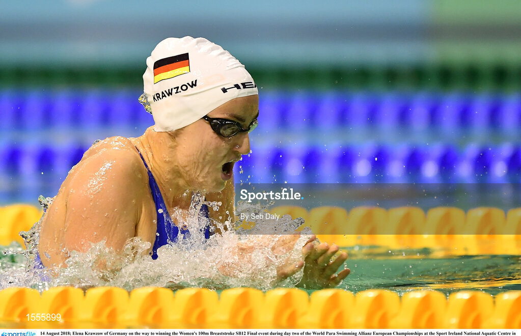 14 August 2018; Elena Krawzow of Germany on the way to winning the Women's 100m Breaststroke SB12 Final event during day two of the World Para Swimming Allianz European Championships at the Sport Ireland National Aquatic Centre in Blanchardstown, Dublin. Photo by Seb Daly/Sportsfile