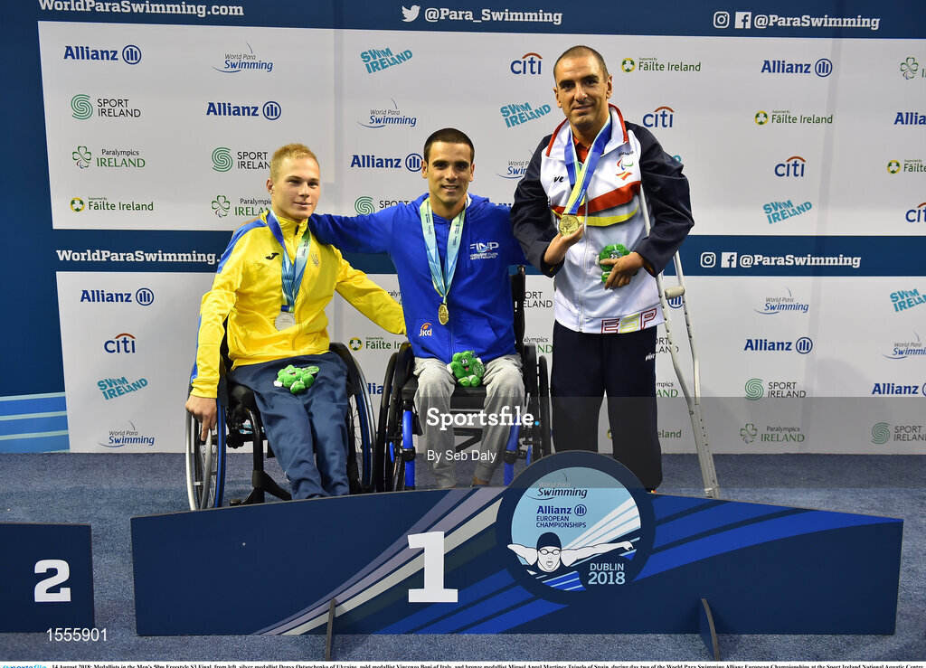 14 August 2018; Medallists in the Men's 50m Freestyle S3 Final, from left, silver medallist Denys Ostapchenko of Ukraine, gold medallist Vincenzo Boni of Italy, and bronze medallist Miguel Angel Martinez Tajuelo of Spain, during day two of the World Para Swimming Allianz European Championships at the Sport Ireland National Aquatic Centre in Blanchardstown, Dublin.  Photo by Seb Daly/Sportsfile