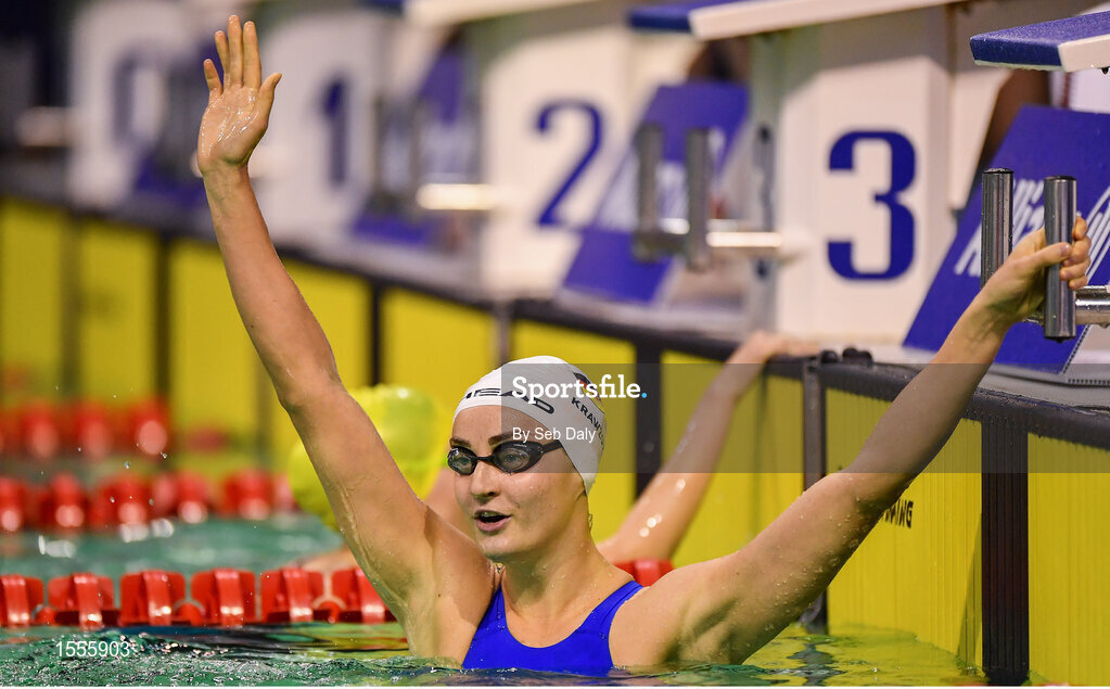 14 August 2018; Elena Krawzow of Germany after winning the Women's 100m Breaststroke SB12 Final event during day two of the World Para Swimming Allianz European Championships at the Sport Ireland National Aquatic Centre in Blanchardstown, Dublin. Photo by Seb Daly/Sportsfile