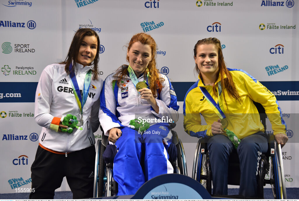 14 August 2018; Medallists in the Women's 50 m Freestyle S4 Final, from left, silver medallist Gina Boettcher of Germany, gold medallist Arjola Trimi of Italy, and bronze medallist Olga Sviderska of Ukriane, during day two of the World Para Swimming Allianz European Championships at the Sport Ireland National Aquatic Centre in Blanchardstown, Dublin.  Photo by Seb Daly/Sportsfile