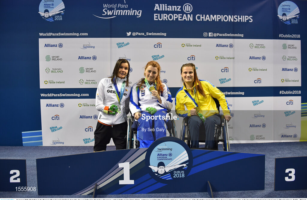 14 August 2018; Medallists in the Women's 50 m Freestyle S4 Final, from left, silver medallist Gina Boettcher of Germany, gold medallist Arjola Trimi of Italy, and bronze medallist Olga Sviderska of Ukriane, during day two of the World Para Swimming Allianz European Championships at the Sport Ireland National Aquatic Centre in Blanchardstown, Dublin.  Photo by Seb Daly/Sportsfile
