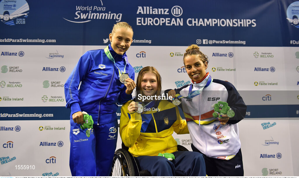 14 August 2018; Medallists in the Women's 200m Individual Medley SM7 Final, from left, silver medallist Meri-Maari Makinen of Finland, gold medallist Anna Hontar of Ukraine, and bronze medallist Judit Rolo Marichal of Spain, during day two of the World Para Swimming Allianz European Championships at the Sport Ireland National Aquatic Centre in Blanchardstown, Dublin.  Photo by Seb Daly/Sportsfile