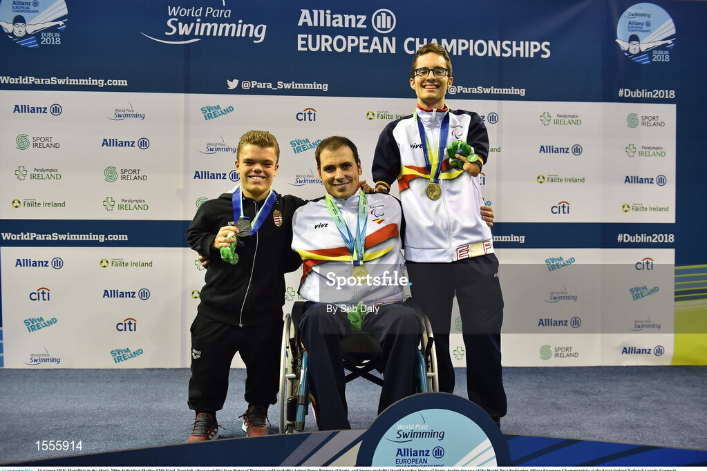 14 August 2018; Medallists in the Men's 200m Individual Medley SM6 Final, from left, silver medallist Ivan Bence of Hungary, gold medallist Antoni Ponce Bertran of Spain, and bronze medallist David Sanchez Sierra of Spain, during day two of the World Para Swimming Allianz European Championships at the Sport Ireland National Aquatic Centre in Blanchardstown, Dublin. Photo by Seb Daly/Sportsfile