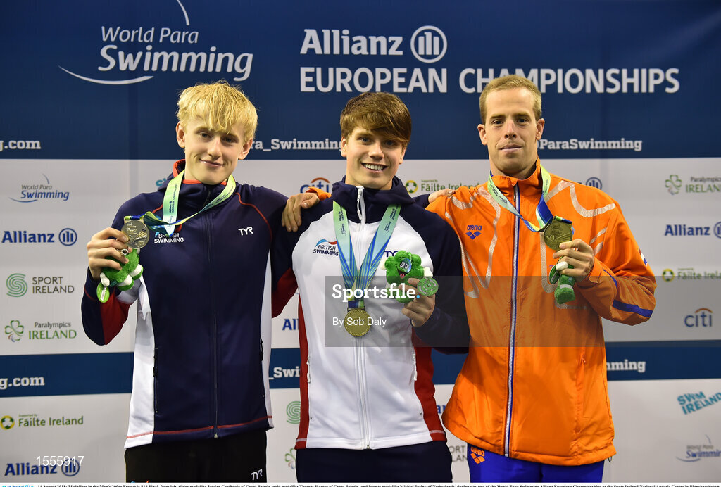 14 August 2018; Medallists in the Men's 200m Freestyle S14 Final, from left, silver medallist Jordan Catchpole of Great Britain, gold medallist Thomas Hamer of Great Britain, and bronze medallist Michiel Jorink of Netherlands, during day two of the World Para Swimming Allianz European Championships at the Sport Ireland National Aquatic Centre in Blanchardstown, Dublin. Photo by Seb Daly/Sportsfile