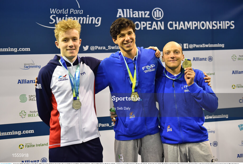 14 August 2018; Medallists in the Men's 100m Freestyle S9 Final, from left, silver medallist Lewis White of Great Britain, gold medallist Simone Barlaam of Italy, and bronze medallist Federico Morlacchi of Italy, during day two of the World Para Swimming Allianz European Championships at the Sport Ireland National Aquatic Centre in Blanchardstown, Dublin. Photo by Seb Daly/Sportsfile