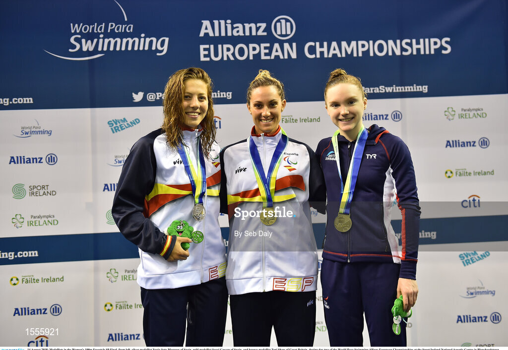 14 August 2018; Medallists in the Women's 100m Freestyle S9 Final, from left, silver medallist Nuria Soto Marques of Spain, gold medallist Sarai Gascon of Spain, and bronze medallist Toni Shaw of Great Britain, during day two of the World Para Swimming Allianz European Championships at the Sport Ireland National Aquatic Centre in Blanchardstown, Dublin. Photo by Seb Daly/Sportsfile