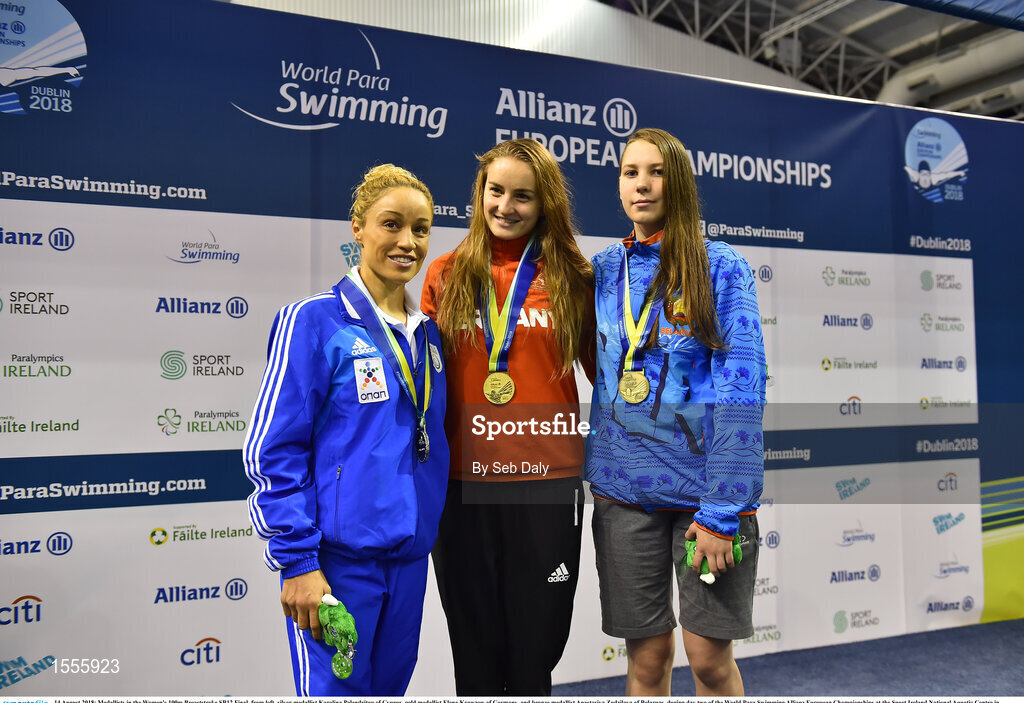 14 August 2018; Medallists in the Women's 100m Breaststroke SB12 Final, from left, silver medallist Karolina Pelendritou of Cyprus, gold medallist Elena Krawzow of Germany, and bronze medallist Anastasiya Zudzilava of Belaruas, during day two of the World Para Swimming Allianz European Championships at the Sport Ireland National Aquatic Centre in Blanchardstown, Dublin. Photo by Seb Daly/Sportsfile