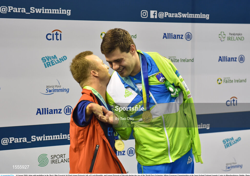 14 August 2018; Joint gold medallists in the Men's 50m Freestyle S4 Final Arnost Petracek, left, of Czech Republic, and Arnost Petracek of Slovenia during day two of the World Para Swimming Allianz European Championships at the Sport Ireland National Aquatic Centre in Blanchardstown, Dublin. Photo by Seb Daly/Sportsfile