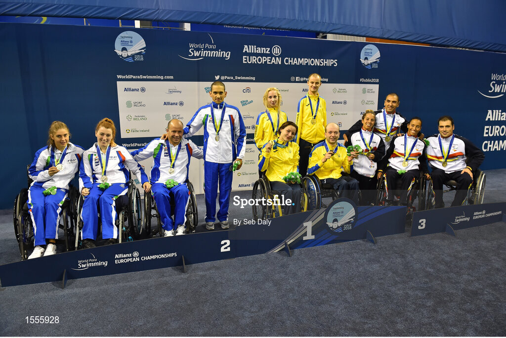 14 August 2018; Representatives from the Mixed 4x50m Medley Relay 20pts Final event including teams from Italy, Ukraine and Spain, during day two of the World Para Swimming Allianz European Championships at the Sport Ireland National Aquatic Centre in Blanchardstown, Dublin. Photo by Seb Daly/Sportsfile