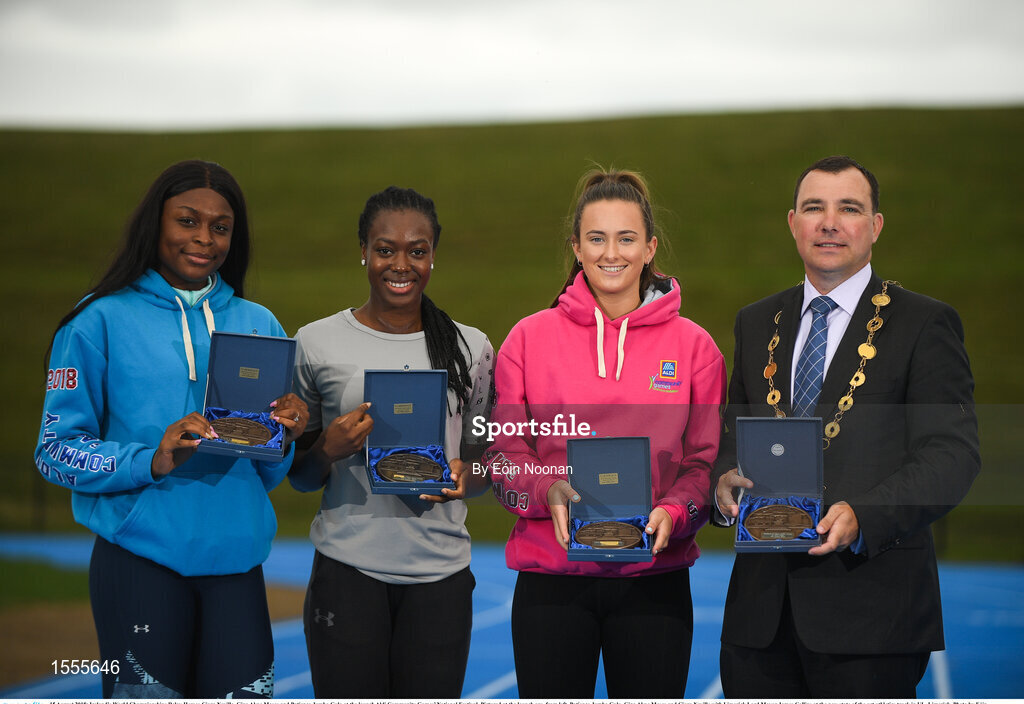 15 August 2018; Ireland’s World Championships Relay Heroes Ciara Neville, Gina Akpe Moses and Patience Jumbo Gula at the launch Aldi Community Games’ National Festival. Pictured at the launch are, from left, Patience Jumbo Gula, Gina Akpe Moses and Ciara Neville with Limerick Lord Mayor James Collins at the new state of the art athletics track in UL, Limerick. Photo by Eóin Noonan/Sportsfile