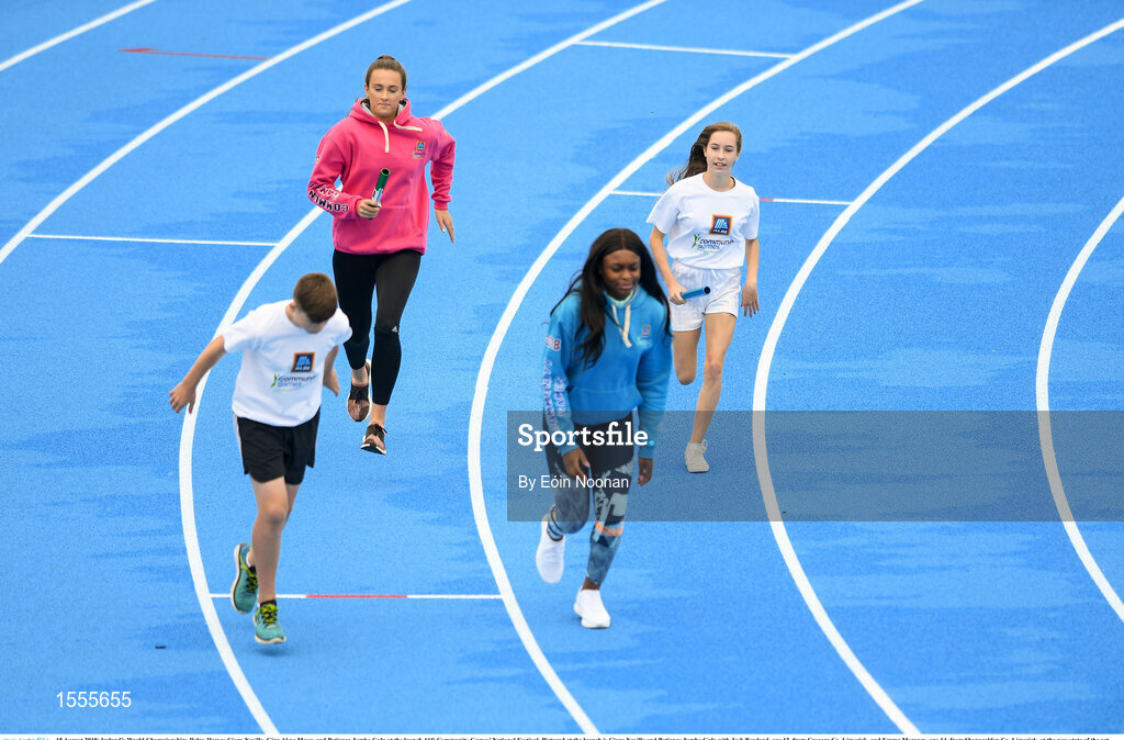 15 August 2018; Ireland’s World Championships Relay Heroes Ciara Neville, Gina Akpe Moses and Patience Jumbo Gula at the launch Aldi Community Games’ National Festival. Pictured at the launch is Ciara Neville and Patience Jumbo Gula with Josh Bowland, age 12, from Crecora Co. Limerick, and Emma Moroney, age 14, from Shanagolden Co. Limerick, at the new state of the art athletics track in UL, Limerick. Photo by Eóin Noonan/Sportsfile