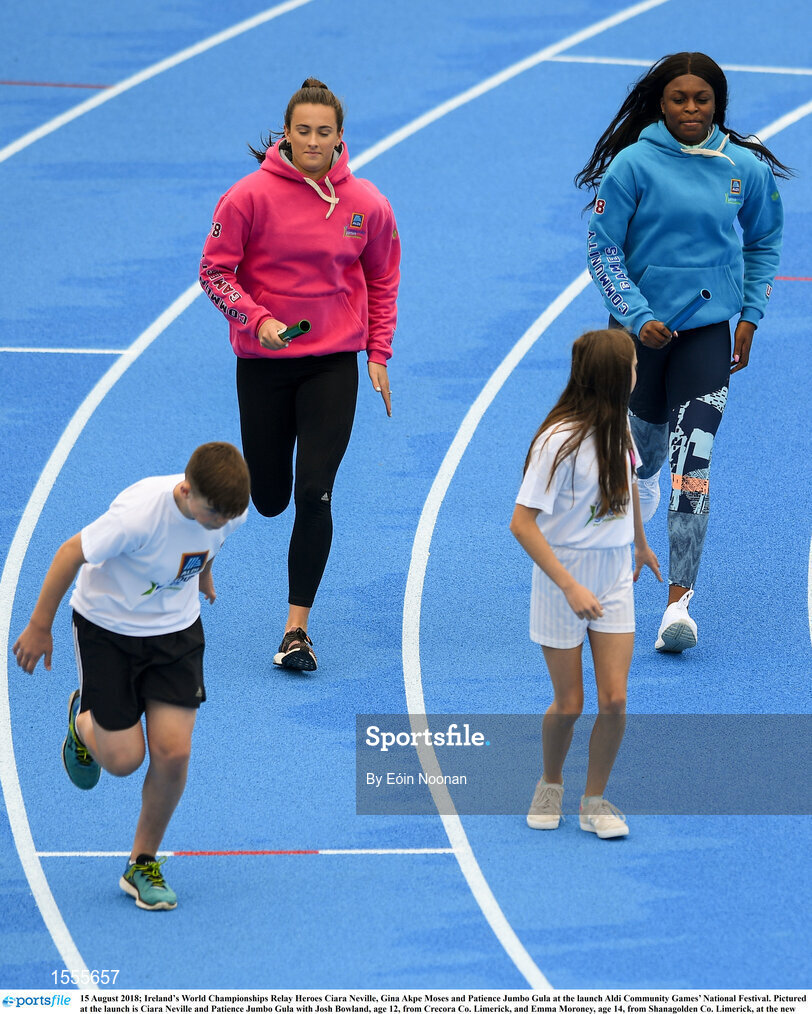 15 August 2018; Ireland’s World Championships Relay Heroes Ciara Neville, Gina Akpe Moses and Patience Jumbo Gula at the launch Aldi Community Games’ National Festival. Pictured at the launch is Ciara Neville and Patience Jumbo Gula with Josh Bowland, age 12, from Crecora Co. Limerick, and Emma Moroney, age 14, from Shanagolden Co. Limerick, at the new state of the art athletics track in UL, Limerick. Photo by Eóin Noonan/Sportsfile