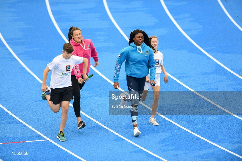 15 August 2018; Ireland’s World Championships Relay Heroes Ciara Neville, Gina Akpe Moses and Patience Jumbo Gula at the launch Aldi Community Games’ National Festival. Pictured at the launch is Ciara Neville and Patience Jumbo Gula with Josh Bowland, age 12, from Crecora Co. Limerick, and Emma Moroney, age 14, from Shanagolden Co. Limerick, at the new state of the art athletics track in UL, Limerick. Photo by Eóin Noonan/Sportsfile
