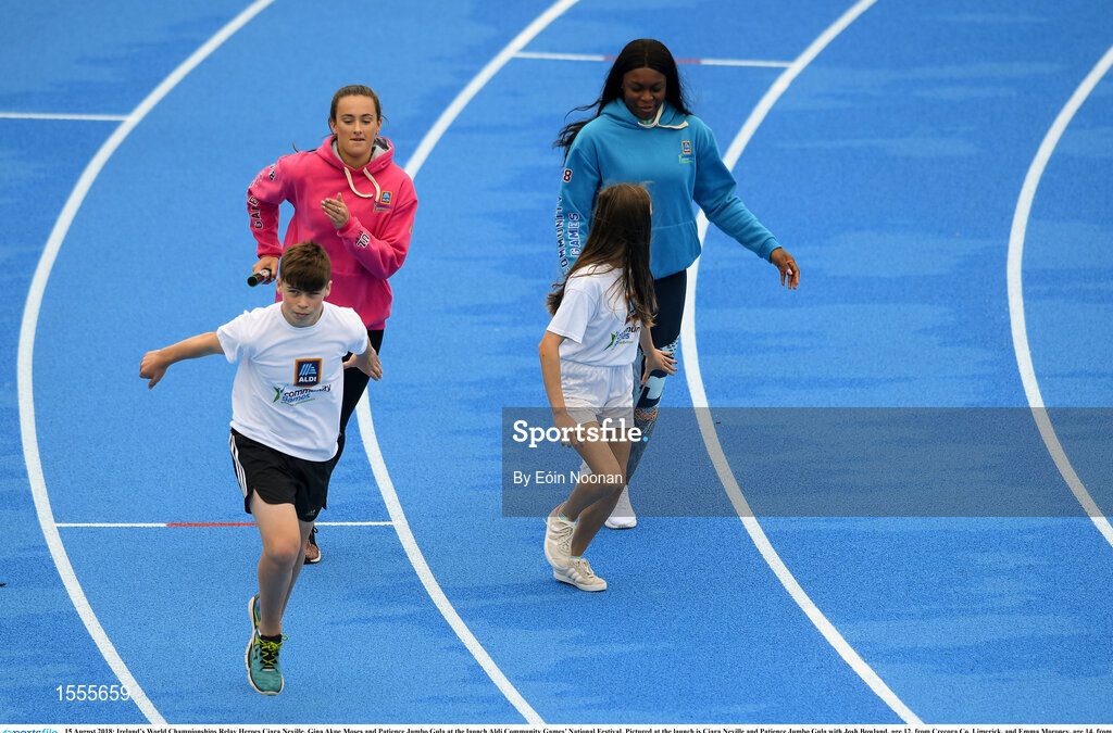 15 August 2018; Ireland’s World Championships Relay Heroes Ciara Neville, Gina Akpe Moses and Patience Jumbo Gula at the launch Aldi Community Games’ National Festival. Pictured at the launch is Ciara Neville and Patience Jumbo Gula with Josh Bowland, age 12, from Crecora Co. Limerick, and Emma Moroney, age 14, from Shanagolden Co. Limerick, at the new state of the art athletics track in UL, Limerick. Photo by Eóin Noonan/Sportsfile
