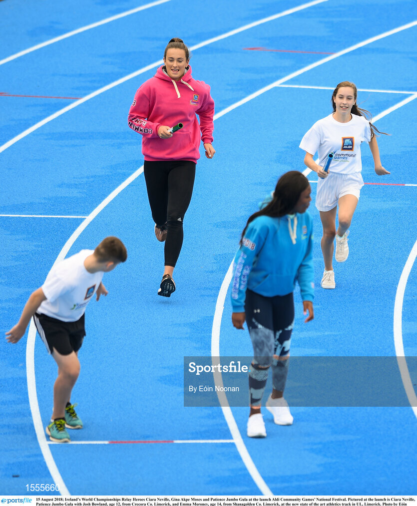 15 August 2018; Ireland’s World Championships Relay Heroes Ciara Neville, Gina Akpe Moses and Patience Jumbo Gula at the launch Aldi Community Games’ National Festival. Pictured at the launch is Ciara Neville, Patience Jumbo Gula with Josh Bowland, age 12, from Crecora Co. Limerick, and Emma Moroney, age 14, from Shanagolden Co. Limerick, at the new state of the art athletics track in UL, Limerick. Photo by Eóin Noonan/Sportsfile