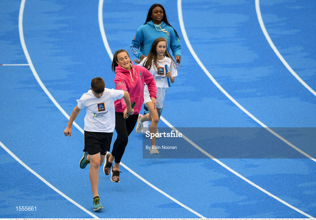 15 August 2018; Ireland’s World Championships Relay Heroes Ciara Neville, Gina Akpe Moses and Patience Jumbo Gula at the launch Aldi Community Games’ National Festival. Pictured at the launch is Ciara Neville and Patience Jumbo Gula with Josh Bowland, age 12, from Crecora Co. Limerick, and Emma Moroney, age 14, from Shanagolden Co. Limerick, at the new state of the art athletics track in UL, Limerick. Photo by Eóin Noonan/Sportsfile