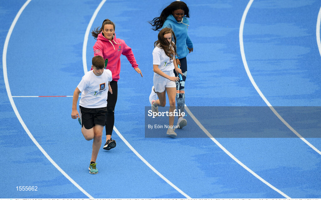 15 August 2018; Ireland’s World Championships Relay Heroes Ciara Neville, Gina Akpe Moses and Patience Jumbo Gula at the launch Aldi Community Games’ National Festival. Pictured at the launch is Ciara Neville and Patience Jumbo Gula with Josh Bowland, age 12, from Crecora Co. Limerick, and Emma Moroney, age 14, from Shanagolden Co. Limerick, at the new state of the art athletics track in UL, Limerick. Photo by Eóin Noonan/Sportsfile