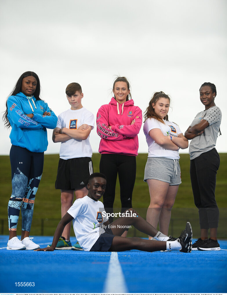 15 August 2018; Ireland’s World Championships Relay Heroes Ciara Neville, Gina Akpe Moses and Patience Jumbo Gula at the launch Aldi Community Games’ National Festival. Pictured at the launch are, from left, Patience Jumbo Gula, Josh Bowland, age 12, from Crecora, Co. Limerick, Ciara Neville, Courtney Donovan, age 13 from Shanagolden Co. Limerick, Gina Akpe Moses and Denis Matthews, centre, age 12, from Raheen Co. Limerick at the new state of the art athletics track in UL, Limerick. Photo by Eóin Noonan/Sportsfile