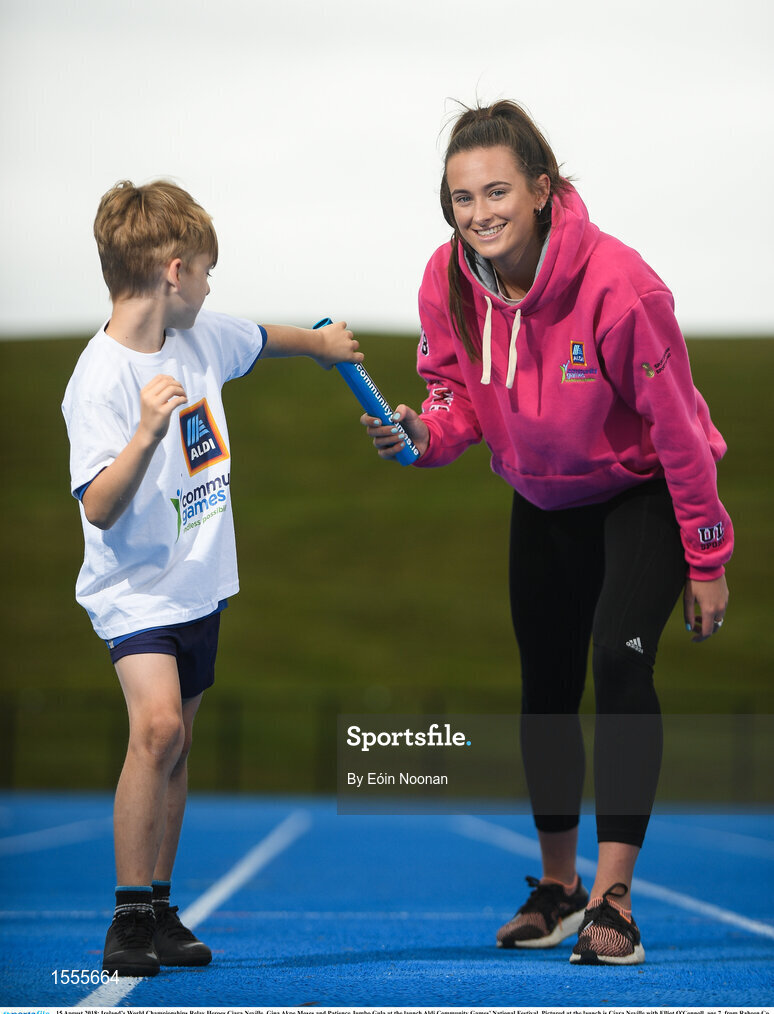 15 August 2018; Ireland’s World Championships Relay Heroes Ciara Neville, Gina Akpe Moses and Patience Jumbo Gula at the launch Aldi Community Games’ National Festival. Pictured at the launch is Ciara Neville with Elliot O'Connoll, age 7, from Raheen Co. Limerick at the new state of the art athletics track in UL, Limerick. Photo by Eóin Noonan/Sportsfile