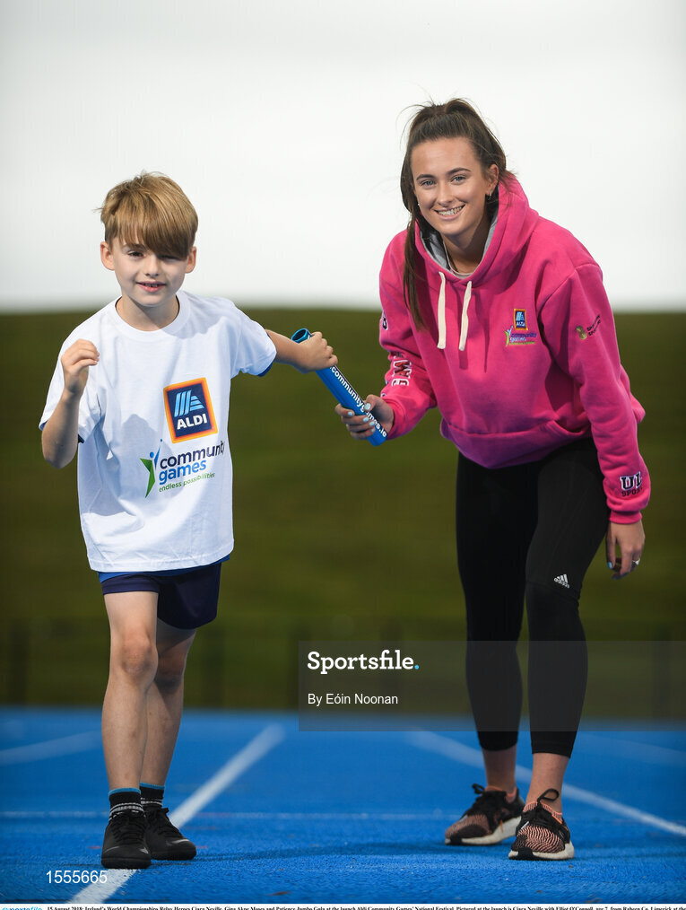 15 August 2018; Ireland’s World Championships Relay Heroes Ciara Neville, Gina Akpe Moses and Patience Jumbo Gula at the launch Aldi Community Games’ National Festival. Pictured at the launch is Ciara Neville with Elliot O'Connoll, age 7, from Raheen Co. Limerick at the new state of the art athletics track in UL, Limerick. Photo by Eóin Noonan/Sportsfile