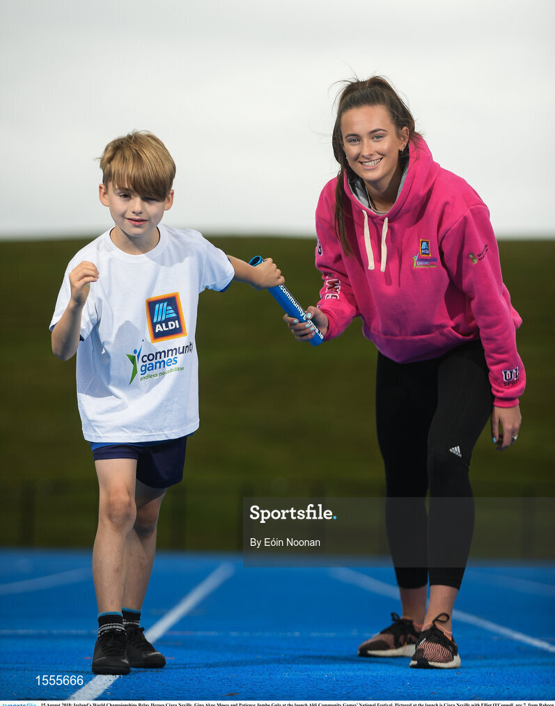 15 August 2018; Ireland’s World Championships Relay Heroes Ciara Neville, Gina Akpe Moses and Patience Jumbo Gula at the launch Aldi Community Games’ National Festival. Pictured at the launch is Ciara Neville with Elliot O'Connoll, age 7, from Raheen Co. Limerick at the new state of the art athletics track in UL, Limerick. Photo by Eóin Noonan/Sportsfile