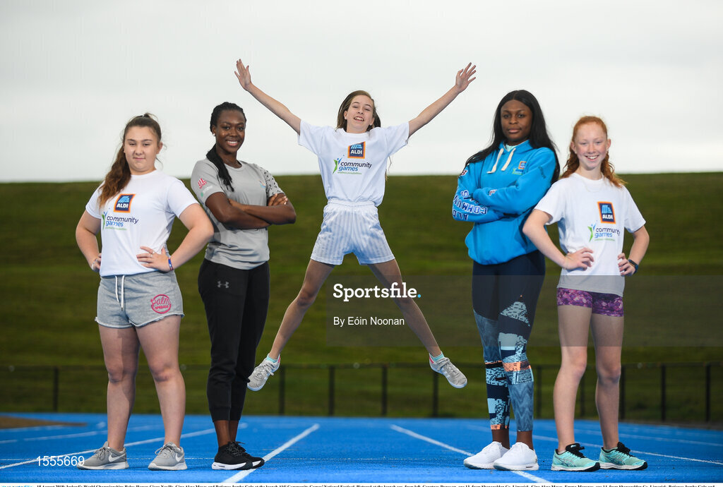 15 August 2018; Ireland’s World Championships Relay Heroes Ciara Neville, Gina Akpe Moses and Patience Jumbo Gula at the launch Aldi Community Games’ National Festival. Pictured at the launch are, from left, Courtney Donovan, age 13, from Shanagolden Co. Limerick, Gina Akpe Moses, Emma Moroney, age 14, from Shanagolden Co. Limerick, Patience Jumbo Gula and Leah Moloney, age 12, from Martinstown Kilfinnen Co. Limerick, at the new state of the art athletics track in UL, Limerick. Photo by Eóin Noonan/Sportsfile