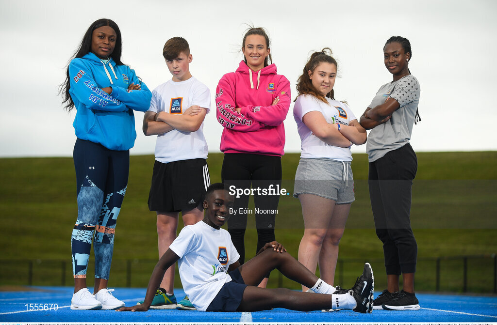 15 August 2018; Ireland’s World Championships Relay Heroes Ciara Neville, Gina Akpe Moses and Patience Jumbo Gula at the launch Aldi Community Games’ National Festival. Pictured at the launch are, from left, Patience Jumbo Gula, Josh Bowland, age 12, from Crecora, Co. Limerick, Ciara Neville, Courtney Donovan, age 13 from Shanagolden Co. Limerick, Gina Akpe Moses and Denis Matthews, centre, age 12, from Raheen Co. Limerick, at the new state of the art athletics track in UL, Limerick. Photo by Eóin Noonan/Sportsfile